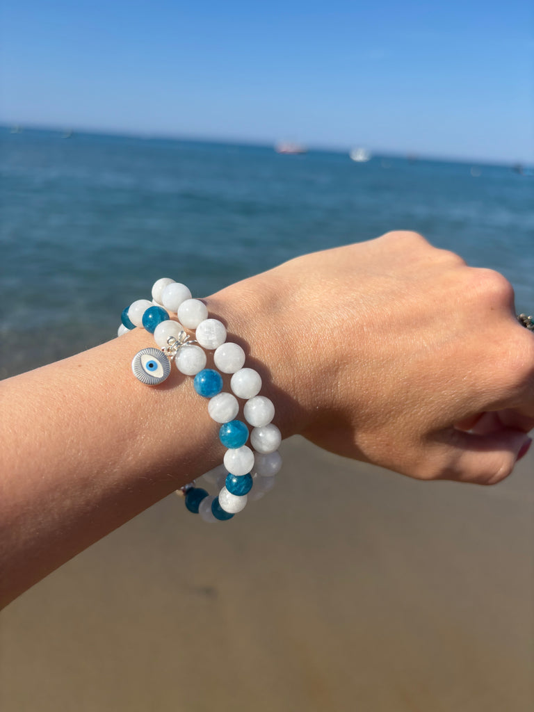 Bracelet perles naturelles argent apatite perles de lune oeil grec