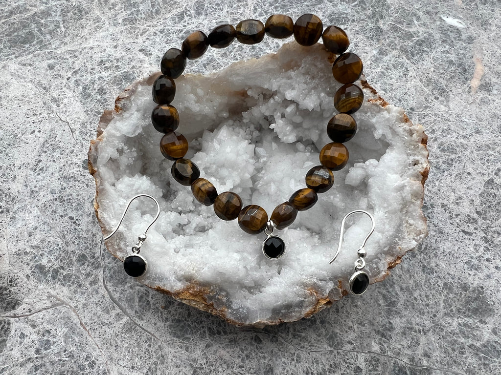 Bracelet œil de tigre facetté spinelle noire 